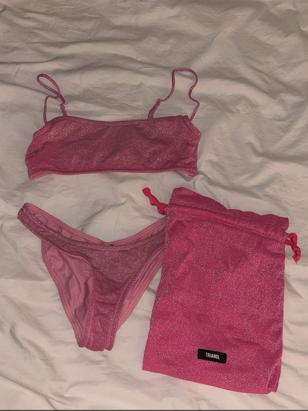 triangl swimwear Sparkly Pink Bikini Set with Matching Pink Drawstring Bag